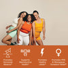 3 women happy and laughing with benefit icons: promotes hormonal balance, supports reproductive health, promotes healthy libido, promotes PMS and menopause symptom relief