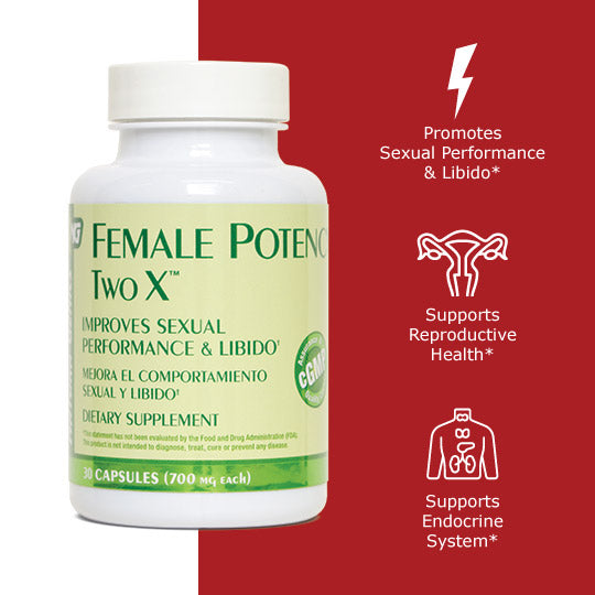 bottle of female potency 2x with benefit icons: promotes sexual performance and libido, supports reproductive health, supports endocrine health