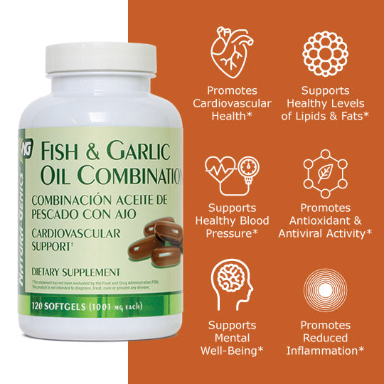 bottle of fish & garlic supplement with benefit icons: promotes cardiovascular health, supports healthy levels of lipids and fats, supports healthy blood pressure, promotes antiviral and antioxidant activity, supports mental well-being, promotes reduced inflammation 