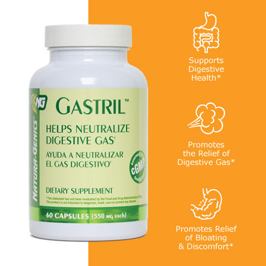 Gastril supplement bottle with benefit icons, supports digestion, promotes gas relief, relieves bloat