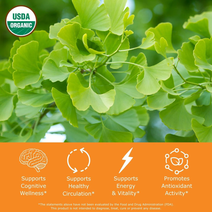 Green ginkgo biloba leaves with USDA Organic logo and health benefits text, supports cognitive wellness, supports healthy circulation, supports energy and vitality, promotes antioxidant activity.