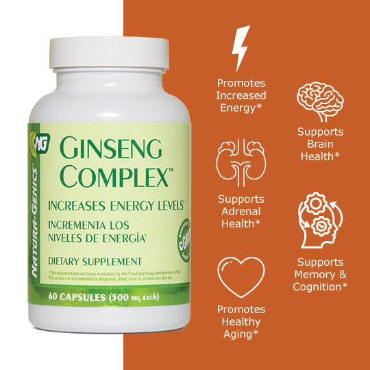 bottle of ginseng complex with benefit icons: promotes increased energy, supports brain health, supports adrenal health, supports memory and cognition, promotes healthy aging 