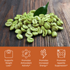 green coffee beans with benefit icons, supports weight loss, promotes antioxidant activity, promotes increased energy, promotes appetite suppression