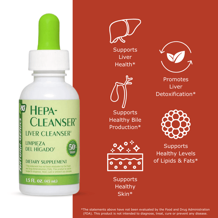 Bottle of Hepa Cleanser Liquid supplement with benefit icons, promotes liver health, promotes liver detox, supports bile production, supports healthy levels of fats and lipids, supports healthy skin 