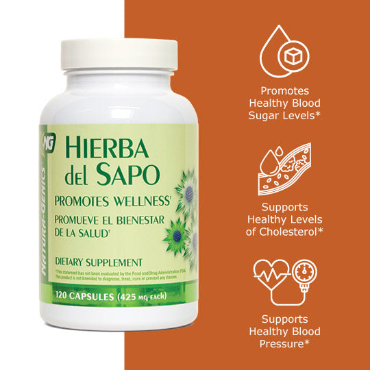 Hierba del sapo supplement with benefit icons, healthy blood sugar levels, healthy levels of cholesterol, healthy blood pressure