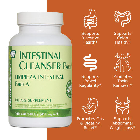 Bottle of Intestinal Cleanser part A with benefit icons: supports digestive health, supports colon health, supports bowel regularity, promotes toxin removal, promotes gas and bloating relief, supports abdominal weight loss