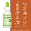 Intestinal Cleanser Part A supplement bottle with icons and text on an orange background that read supports digestive health, supports colon health, supports bowel regularity, promotes toxin removal, promotes relief from gas and bloating, supports abdominal weight loss.