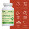 Bottle of L-glutathione with health benefit icons, promotes antioxidant activity, promotes detox effects, supports liver health, supports immunity, supports skin health, promotes overall wellness