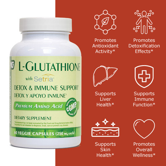 Bottle of L-glutathione with health benefit icons, promotes antioxidant activity, promotes detox effects, supports liver health, supports immunity, supports skin health, promotes overall wellness