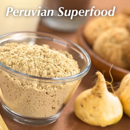 Maca root next to maca powder in a small glass bowl with the words Peruvian Superfood over it