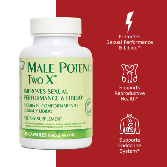 Bottle of male potency with benefit icons, promotes male sexual performance and libido, supports male reproductive health, supports male endocrine system