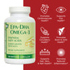 Bottle of EPA-DHA Omega-3 with benefit icons, promotes cardiovascular health, supports eye health, supports circulatory health, promotes bone and joint health, supports hair, skin, and nail health, promotes reduced inflammation 