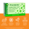 A boxed bar of Polybiotic Antibacterial Soap by Natura-Genics, shown on a white background with an orange informational panel below. Cleanses and supports natural healing, promotes antibacterial activity, supports antifungal activity and promotes soothing effects.