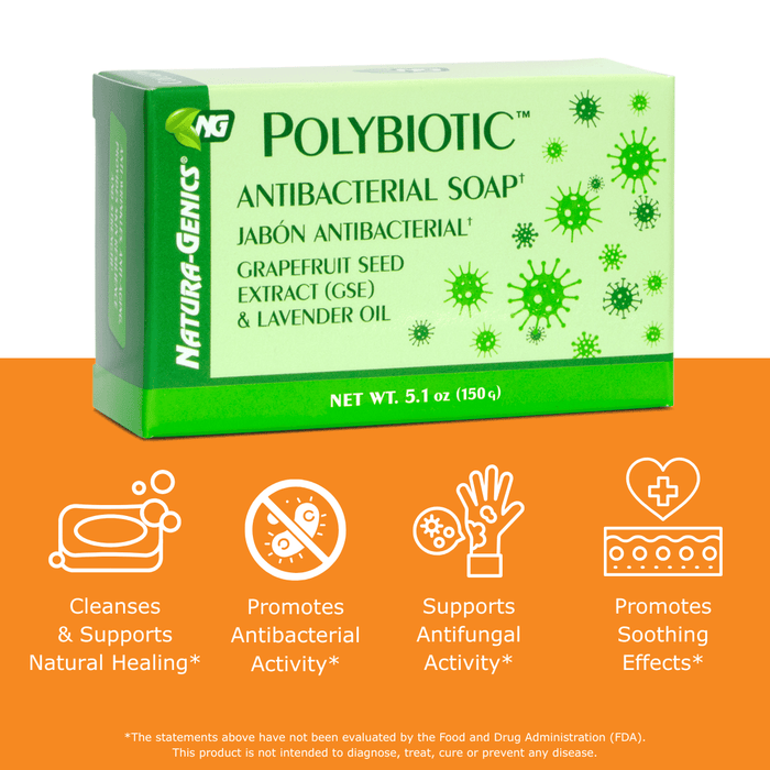 A boxed bar of Polybiotic Antibacterial Soap by Natura-Genics, shown on a white background with an orange informational panel below. Cleanses and supports natural healing, promotes antibacterial activity, supports antifungal activity and promotes soothing effects.