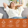 Woman relaxing, icons of Relax+ Supplement benefits: Stress relief, nervous system health, improved mood, improved sleep