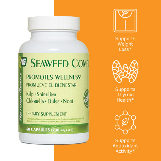 Seaweed supplement bottle with benefit icons, supports weight loss, promotes thyroid health, supports antioxidant activity