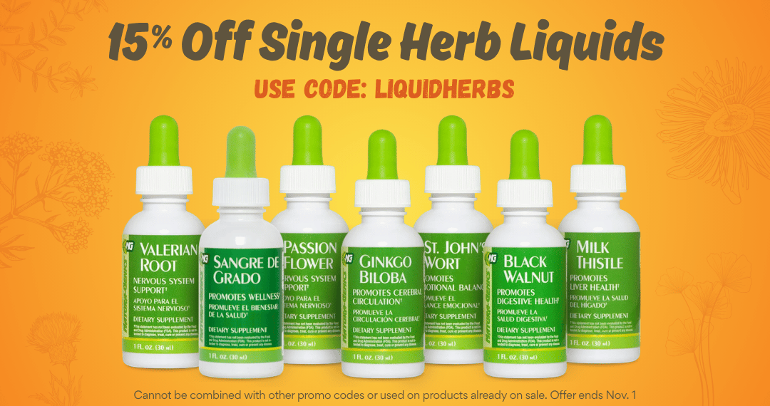 15% off single herb liquid supplements using code LIQUIDHERBS with bottles of valerian root, sangre de grado, passion flower, ginkgo biloba, st. john's wort, black walnut, and milk thistle lined up in the center on an orange background