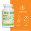 Thyro Complex dietary supplement bottle with orange background and health benefits icons.