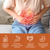 Woman with pain from stomach ulcer benefit icons, supports digestive health, promotes stomach lining healing, supports reduced inflammation. promotes pain and discomfort relief