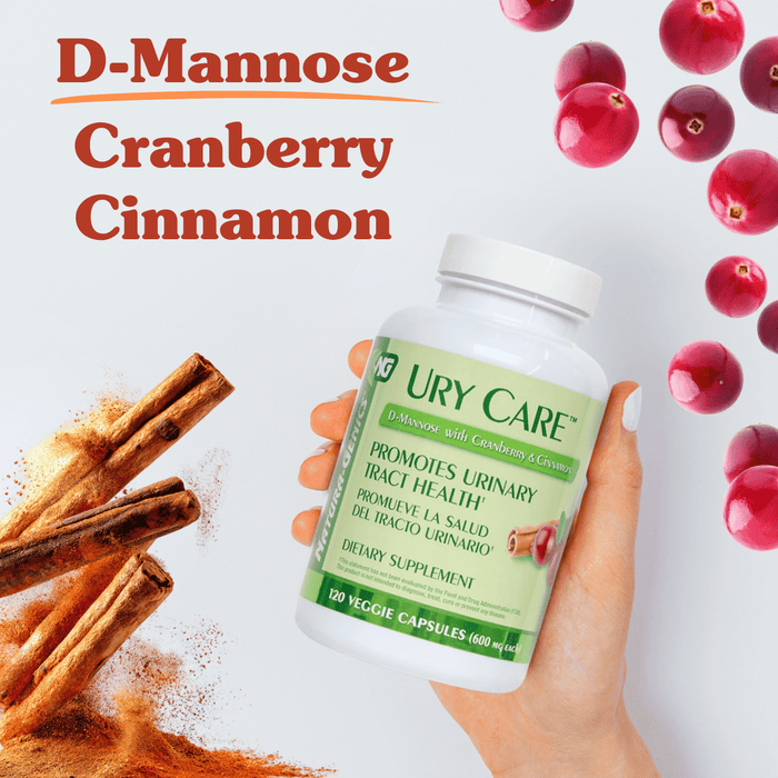 A hand holding a bottle of Ury Care Urinary Support Supplement surrounded by cinnamon and cranberries