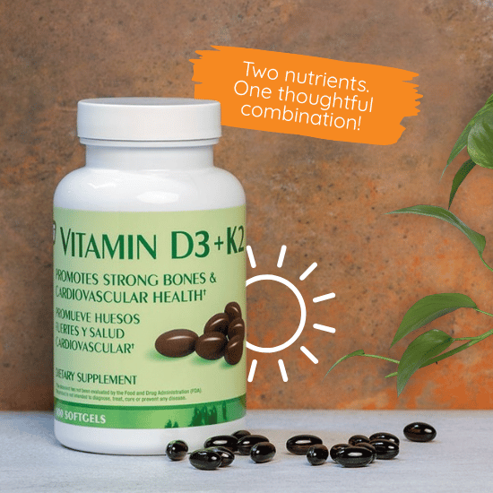 Bottle of Vitamin D3 + K2 with softgels next to it and an orange banner that says , two nutrients, one thoughtful combination