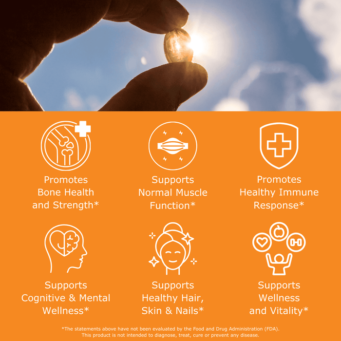 Hand holding a vitamin supplement against the sky and sun with health benefits listed on an orange background. Benefits include promotes bone health and strength, supports normal muscle function, promotes a healthy immune response, supports cognitive and mental wellness, supports healthy hair, skin, and nails, and supports overall wellness and vitality