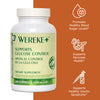 Wereke supplement bottle with benefit icons, promotes healthy blood sugar levels, supports pancreas health, supports insulin sensitivity