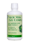Bottle of Aloe Vera Gel Complex dietary supplement with a white and green label, indicating it contains aloe vera and slippery elm bark extract for digestive support.