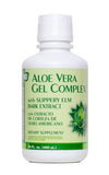 Bottle of Aloe Vera Gel Complex dietary supplement with a white and green label, indicating it contains aloe vera and slippery elm bark extract for digestive support.