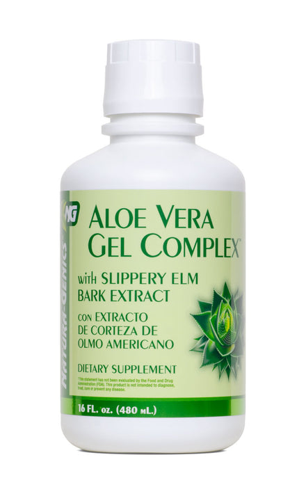 Bottle of Aloe Vera Gel Complex dietary supplement with a white and green label, indicating it contains aloe vera and slippery elm bark extract for digestive support.