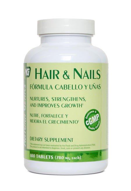 Bottle of Hair & Nails dietary supplement with tablets inside, labeled for promoting hair and nail growth and strength.