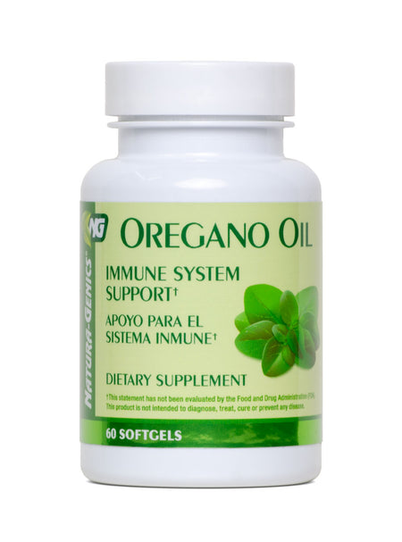 A bottle of Natura-Genics Oregano Oil dietary supplement with 60 softgels, labeled as immune system support.