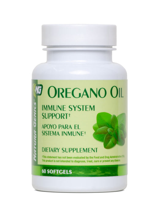 A bottle of Natura-Genics Oregano Oil dietary supplement with 60 softgels, labeled as immune system support.